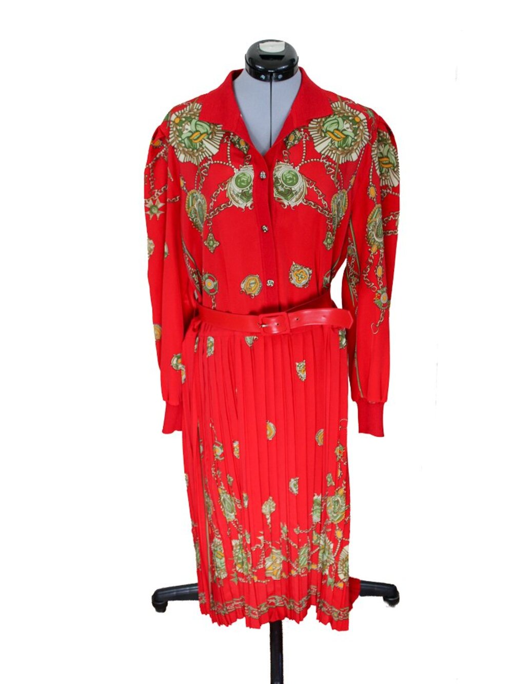 Vintage Robert Jana by Eva Large Red Pleated Dress Chains Print Pleated Belted